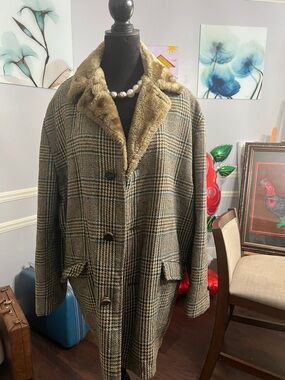 Plaid Wool-Blend Pea Coat with Faux Fur Collar - Brown/Black